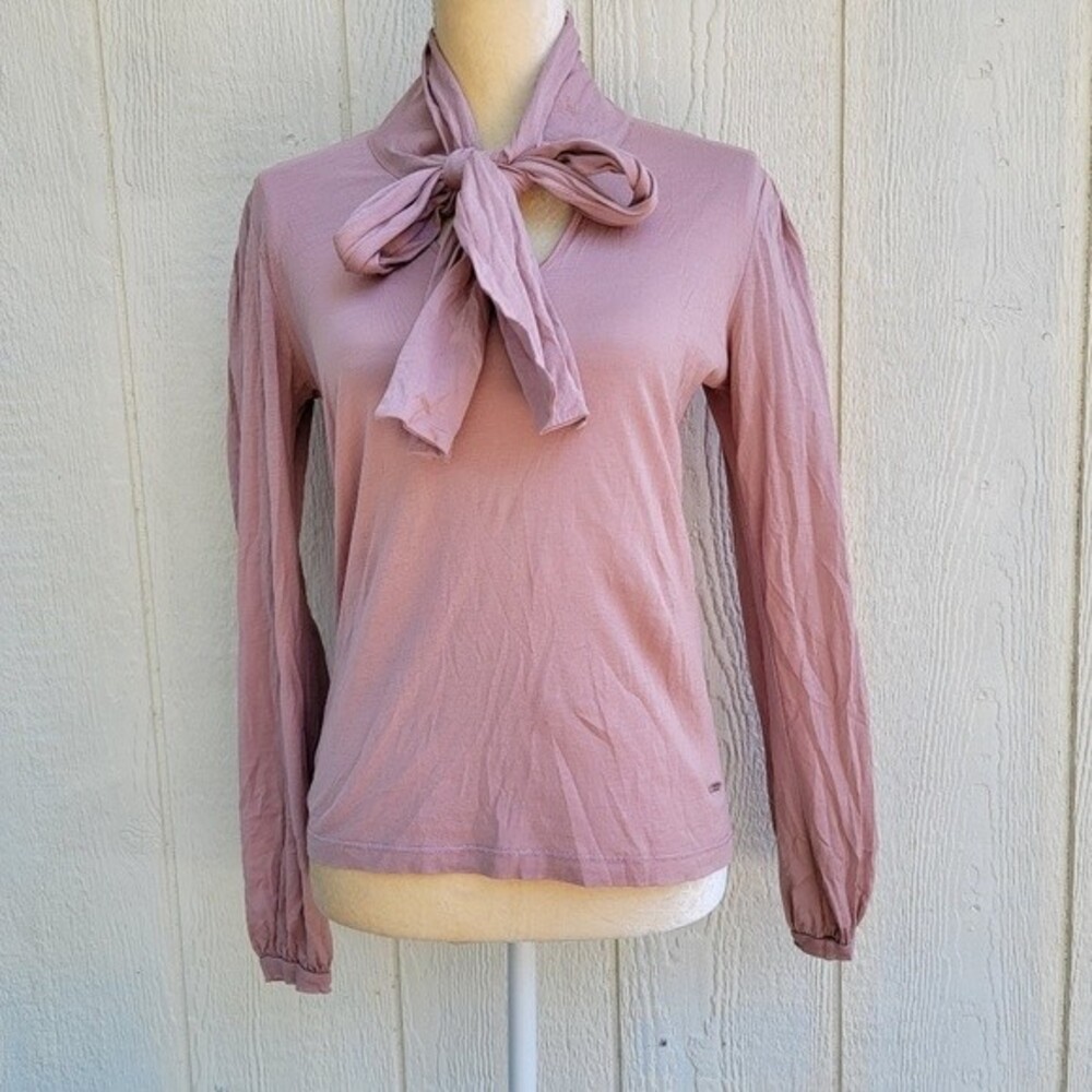 armand basi long sleeve top blush pink tie neck